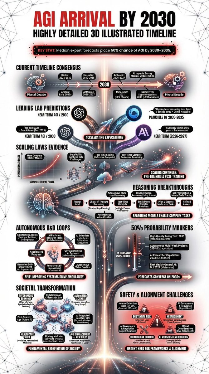 Khulood_Almani's tweet image. ⚠️🤖 #AGI by 2030 is no longer a prediction, it’s a trajectory❗️
🚨 لم يعد #الذكاء_الاصطناعي_العام بحلول 2030 مجرد توقع بل أصبح حتمياً!

Most people still think this is about:
→ A future breakthrough
→ A distant milestone ➡️ It’s not.

🎯 1️⃣ 𝗧𝗵𝗲 𝘀𝗵𝗶𝗳𝘁 𝗵𝗮𝘀