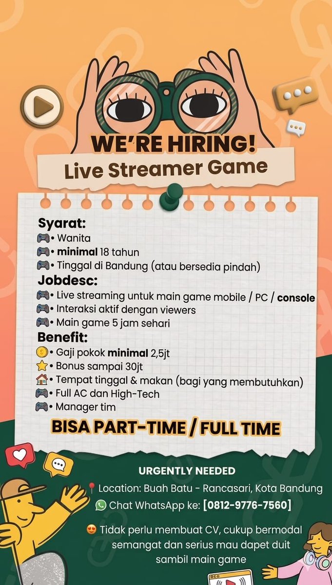 masukkeptn's tweet photo. 📢LOKER CEPAT
Lowongan Pekerjaan
Tanpa Pengalaman
Tanpa Syarat Pendidikan

- Wanita min 18 thn
- Main game 5 jam sehari di live streaming
- Lokasi Bandung
- Ada mess &amp; makan bagi yang membutuhkan

#bandung #lowongan #kerja #infobandung #lokerbandung https://t.co/NcaGDRb8WE