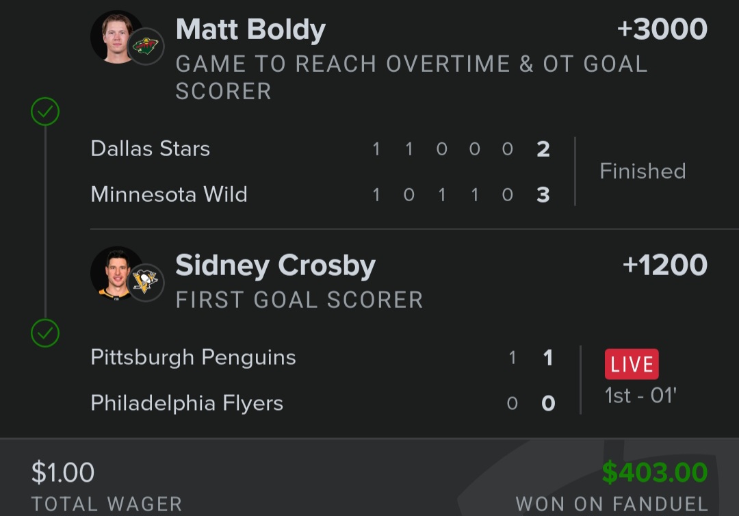 SteelersCrash's tweet image. After being hacked I am now back. 

I'm sorry for anybody that got those fake direct messages from me I'm still trying to delete them all.

For your enjoyment here's a 400-1 parlay I hit yesterday courtesy of our Captain and Matt Boldy.

Also hit Sid solo for $130.

#Pens
