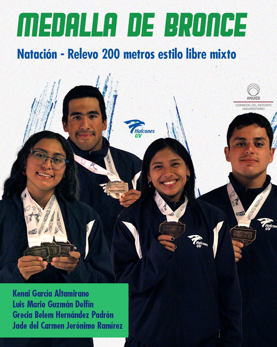 DeporteUV's tweet photo. 🥉¡Bronce para Kenai García, Luis Mario Guzmán, Grecia Belem Hernández y Jade del Carmen Jerónimo!
Su agilidad  y resistencia, guiaron a nuestros halcones de natación, obteniendo el tercer lugar en relevo 200 metros estilo libre mixto🏊🏻‍♀️

¡Felicidades, son nuestro #OrgulloUV! 🦅 https://t.co/4FU2gdWQsg