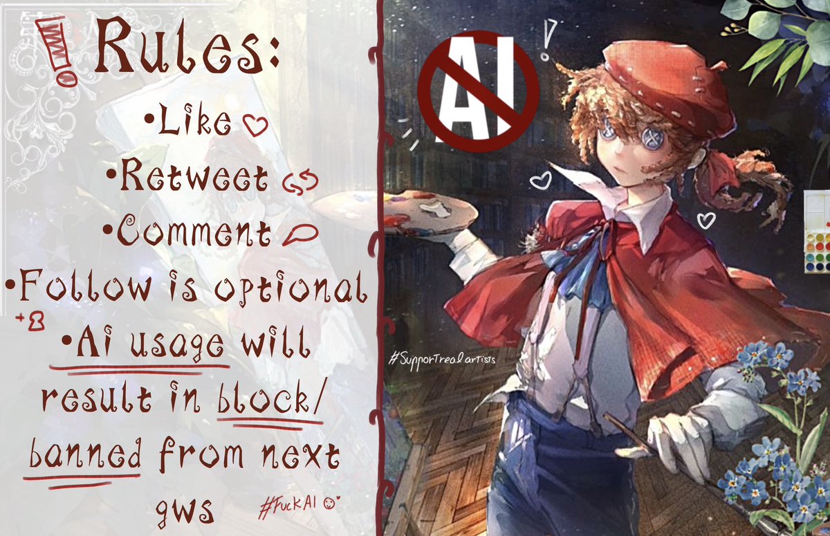 •GIVEAWAY + ART CONTEST.
(Ends 16/5)

-One random winner (For people who don’t/cant draw) will get 5$
-And my 2 favourite art pieces will get 15$ (1st place) and 10$ (2nd place)

[Payment through paypal (or vgen)]

(INFO BELLOW.)
#idvtwt #idvnoai #supportrealartists #yumetwt