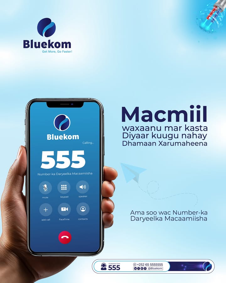 Bluekomfiber's tweet image. Macmiil markasta waxaan diyaar kugu nahay dhamaan xarumaheena ama 
Soo wac number-ka daryeelka macamiisha 555  

#bluekom #fiberoptic #fiberopticcable #bluekomfiber1#Customercare
 #internetserviceprovide #hormoodkainternetdalka