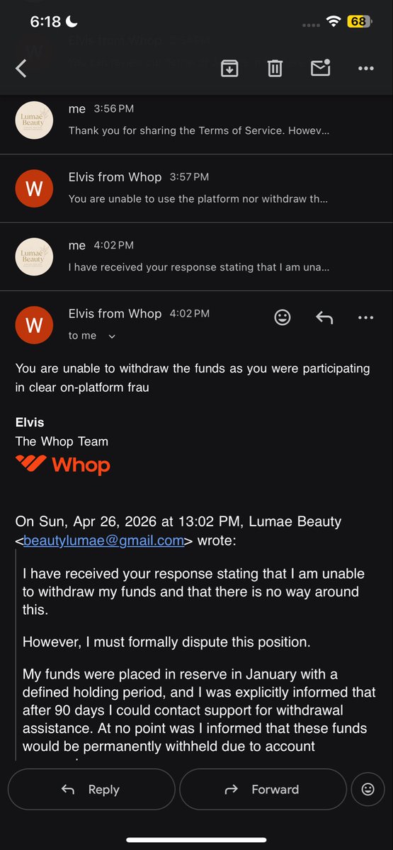 LumaeBeauty's tweet image. Issue with @whop seller account: funds permanently withheld over alleged “fraud” with no evidence, details, or appeal process. Support refuses to provide info or release funds. Looking for escalation advice. (screenshots attached)
#whop #support #payments