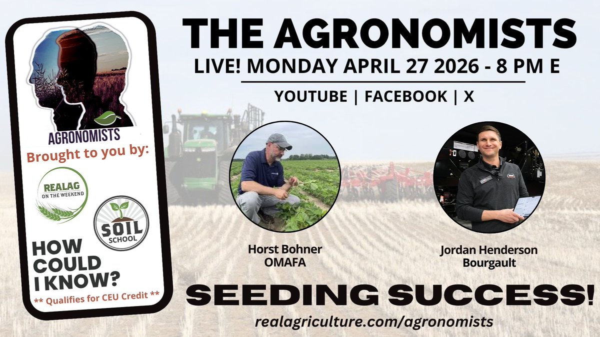 Seeding season starts soon! Are your settings dialled in?

Join The Agronomists LIVE tomorrow as Lyndsey Smith, Jordan Henderson (<a href="/BourgaultAg/">Bourgault Industries</a>), and Horst Bohner (<a href="/AgricultureON/">Ontario Agriculture, Food and Agribusiness</a>) break down row spacing, target populations, planter/seeder setup for tough conditions, and