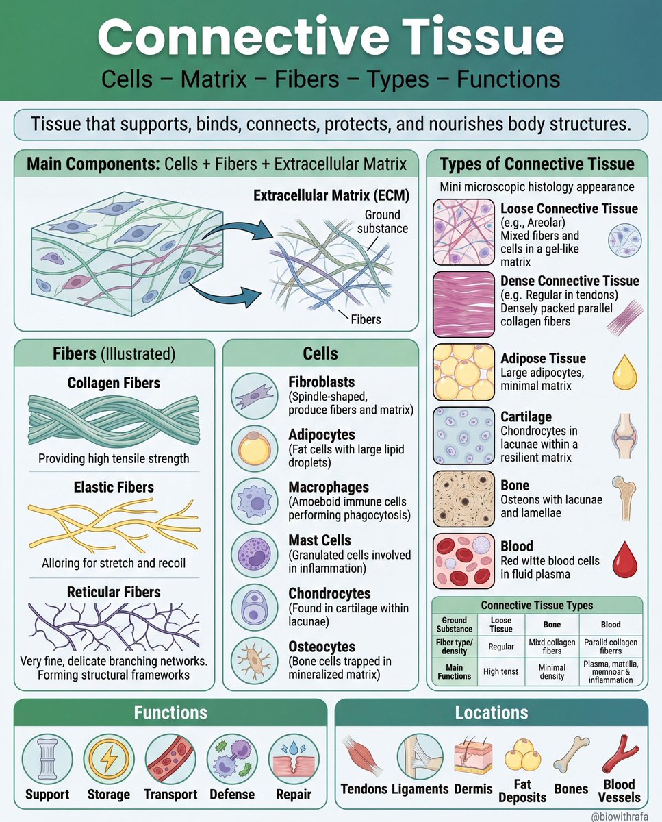 biowithrafa's tweet image. Connective tissue = the unsung hero of your body. It supports, binds, protects, AND transports. From collagen fibers to osteocytes in bone  here's your complete guide. Tag a friend who needs this! 📖✨
this infographic created using zawa ai 
#biology #biowithrafa #zawaai #zawa
