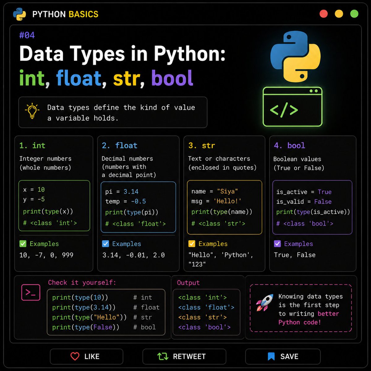 SiyaJainn's tweet photo. Python Basics #4 
#Python #LearnPython #Coding #Programming #PythonBasics #100DaysOfCode #CodeNewbie https://t.co/Y61W9AjBg5