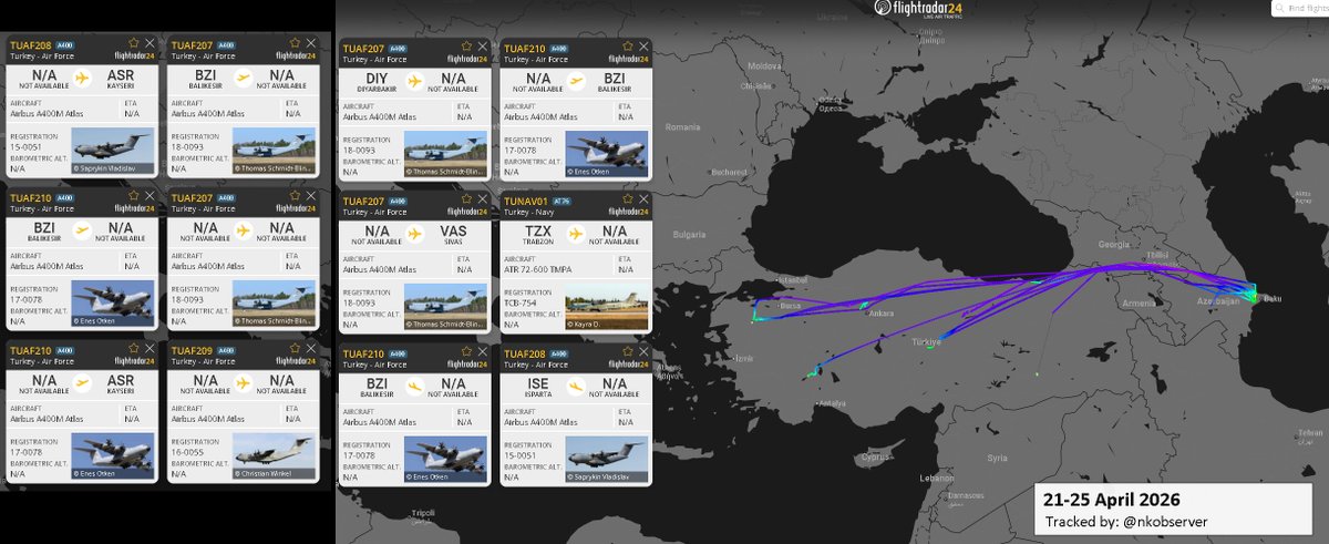NKobserver's tweet image. Between 21 and 25 April 2026, at least eight #Turkey military flights to #Azerbaijan's Nasosnaya airbase from Balikesir (reg.17-0078), Trabzon (TCB-754), Isparta (15-0051) and Diyarbakir/Amet (18-0093)

Cargo unconfirmed, but coincides with the visit of Turkey's National Defence