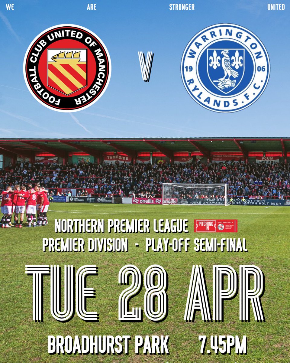 A long league campaign behind us

Everything still to play for

Get yourself to Broadhurst Park and get behind the lads on Tuesday night for a big play-off semi-final against Warrington Rylands!

🎟️ Tickets: app.fanbaseclub.com/Fan/Tickets/Se…

#WeAreStrongerUnited