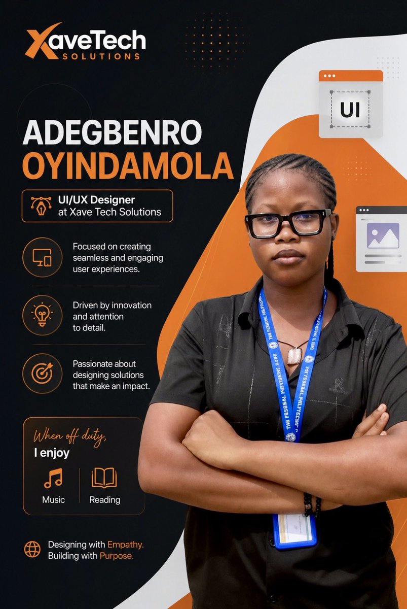 xavetech1's tweet photo. Meet Adegbenro Oyindamola…. Xave Tech’s UI/UX Designer 🫴🏾🧡✨ https://t.co/iz6vKs0zAH