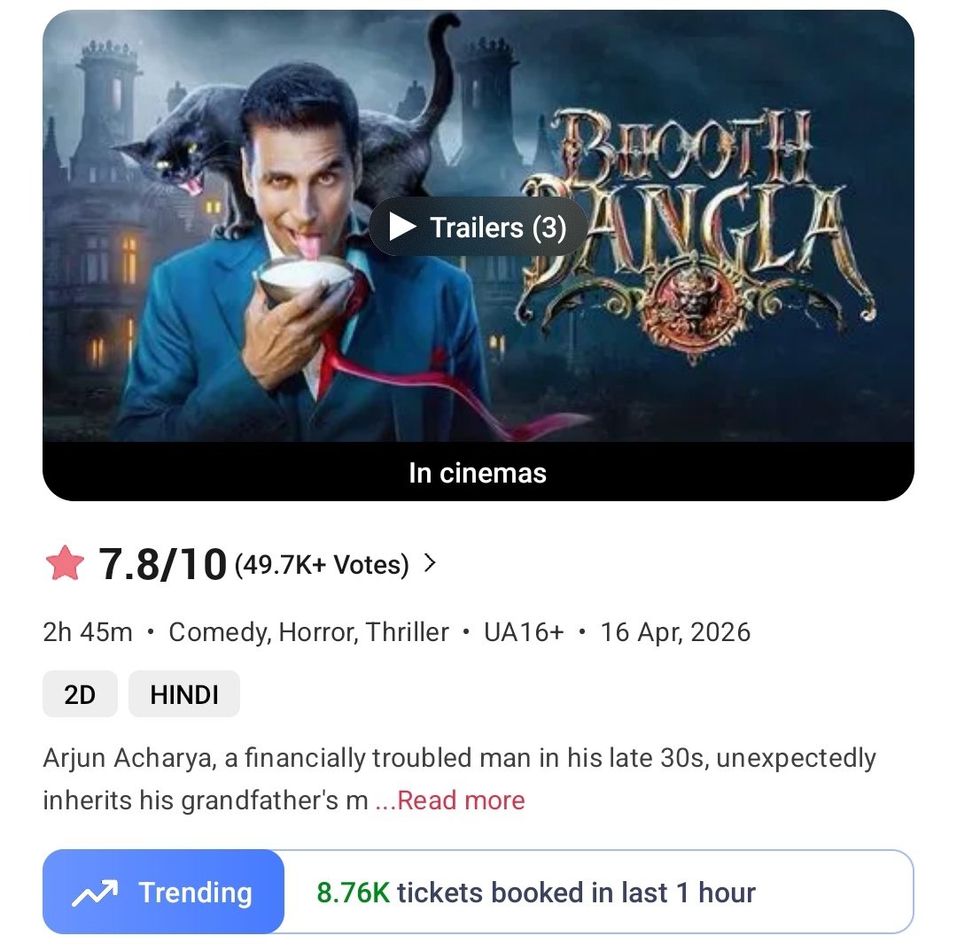 filmy_view's tweet photo. #BhoothBangla  
6-7pm 
Tickets sold on BMS- 8760

Total from 8am- 1,34,070
Yesterday- 1,18,140 https://t.co/hz1iJSyfmE