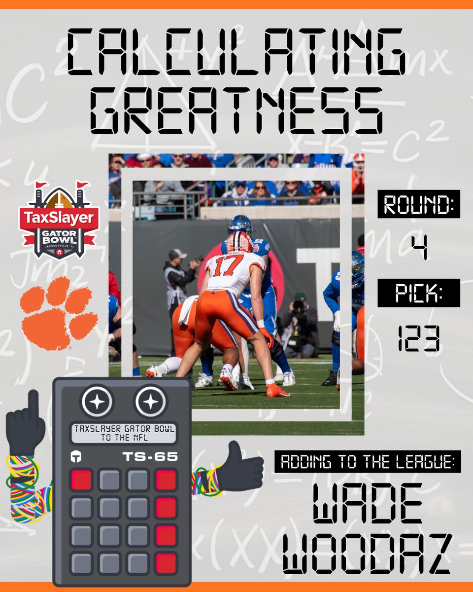taxslayerbowl's tweet photo. Another @clemsonfb x TaxSlayer Gator Bowl alum off the board in Round 4!

Congrats @WadeWoodaz_, go be great!!

#TSGBtoNFL #SlayIt https://t.co/KmgCOrFHr0