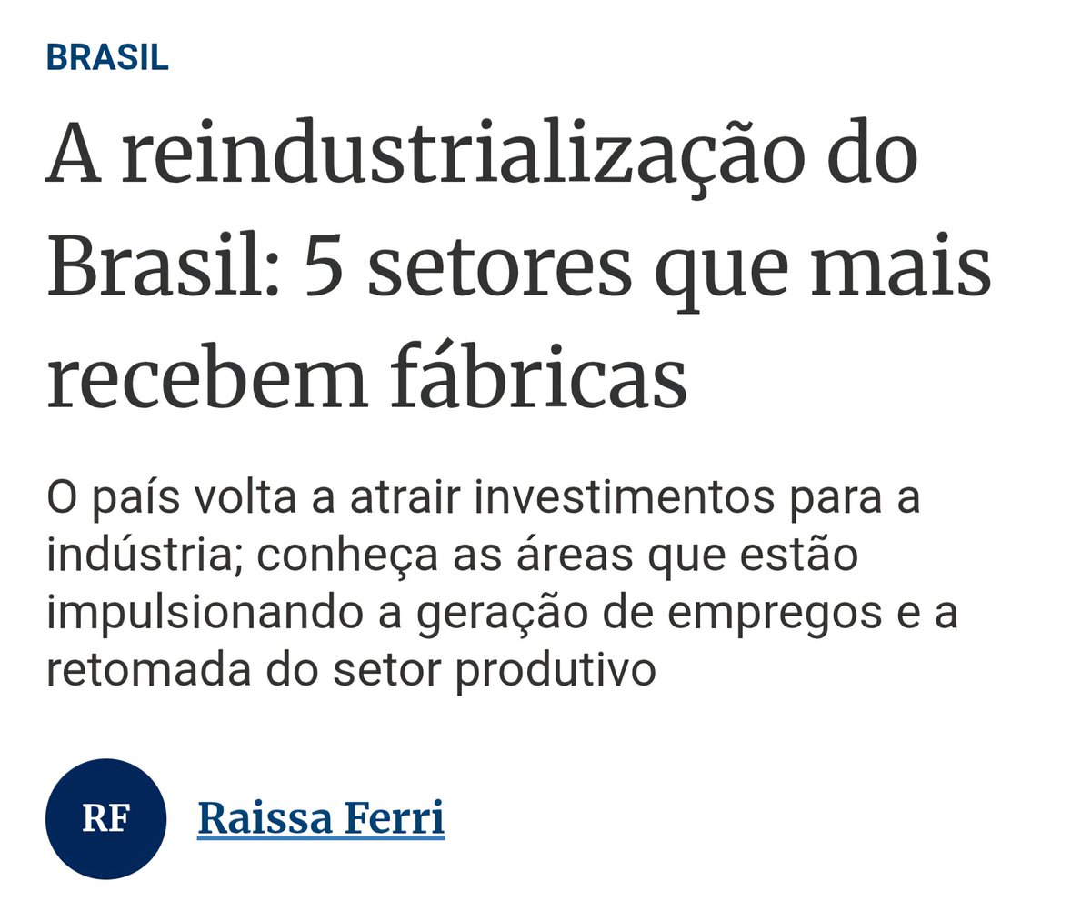 1/- A reindustrialização do Brasil: 5 setores que mais recebem fábricas

Com a Nova Indústria Brasil (NIB), Brasil vive um novo momento de reindustrialização, com a chegada de fábricas e a expansão de linhas de produção em diversos estados.

Segue🧵

share.google/Heient4waD08QQ…