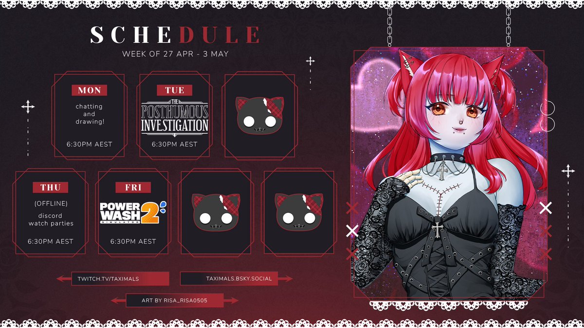 taximalsVT's tweet image. 🖤❤️Schedule 27/4- 3/05❤️🖤
this weeks schedule!

❤️Monday - chatting and drawing!
🖤Tuesday - Posthumous Investigation #TPI #keymailer
❤️Friday - Power Wash !

[ #vtuber #envtuber ]