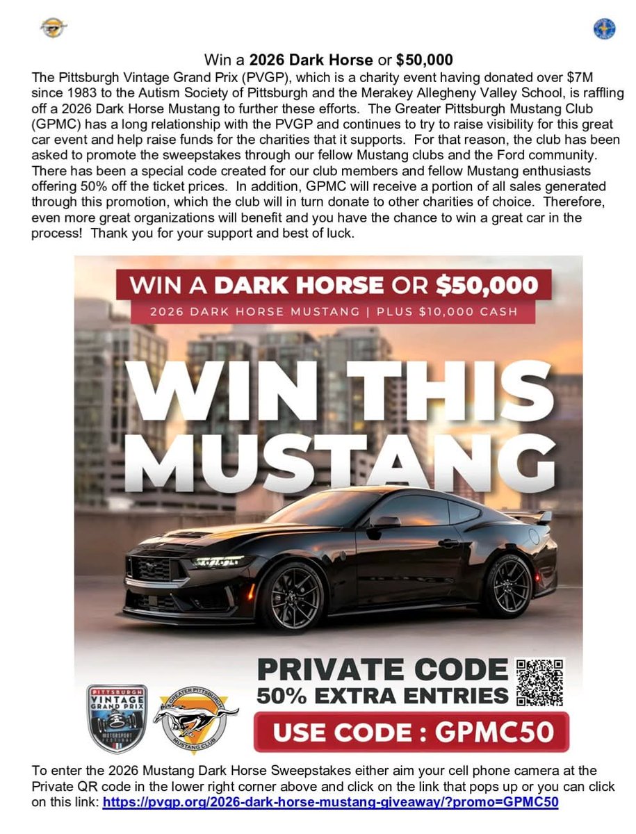 sjaijcarroll's tweet image. Ever dreamed of driving a #darkhorse well now you have your chance to own one! Please use this link if you can't access QR code: pvgp.org/2026-dark-hors…
#ford #fordmustang #sweepstakes #win #forddarkhorse #mustang #sweepstakes #win #Pittsburgh