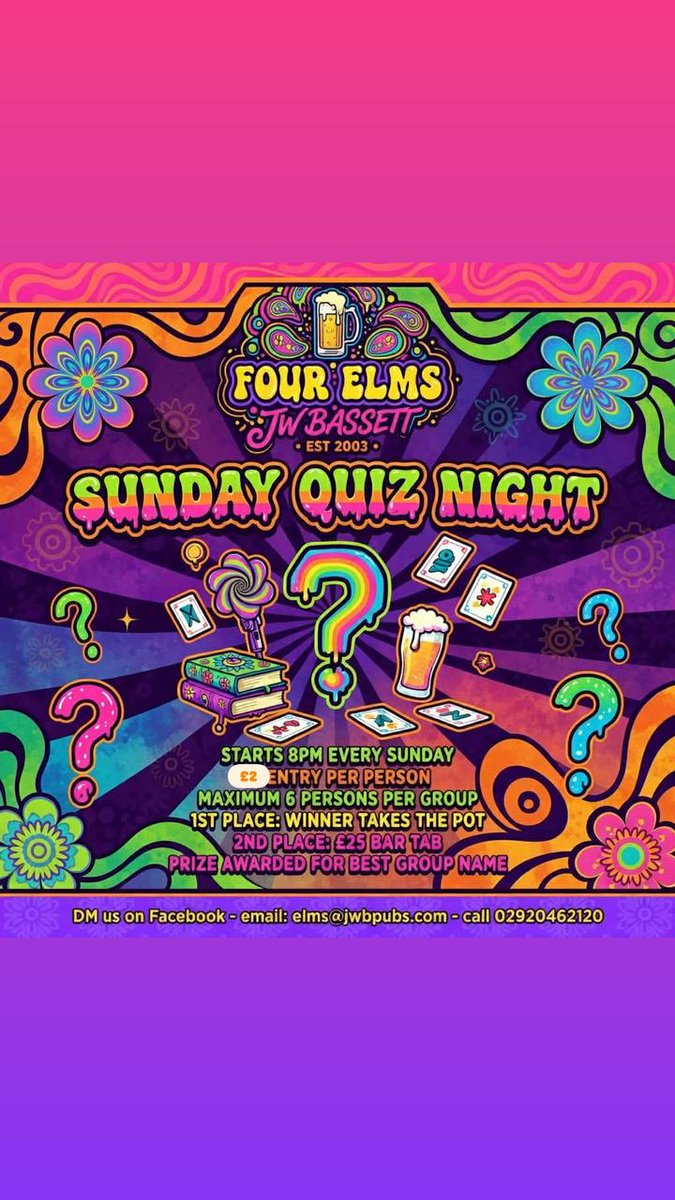 elmscardiff's tweet photo. Join us tonight at Four Elms for Sunday Quiz Night! Great food, great pints, great atmosphere. £2 entry per person, starts 8pm. Teams of up to 6, with fab prizes to win. Everyone welcome, fun guaranteed! DM us to book 🍻🍔❓🏆💷 #QuizNight #PubQuiz #SundayFun #FourElms https://t.co/5W5NTCEKhz