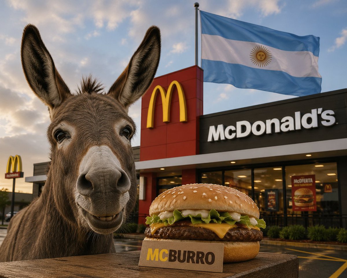OJoseBorth's tweet photo. 🚨Urgente: McDonald's de Buenos Aires estuda lançar o 'McBurro'. A intenção é buscar uma alternativa barata à carne bovina, que subiu 55% devido à crise econômica no governo Milei. https://t.co/hM46stkwoh