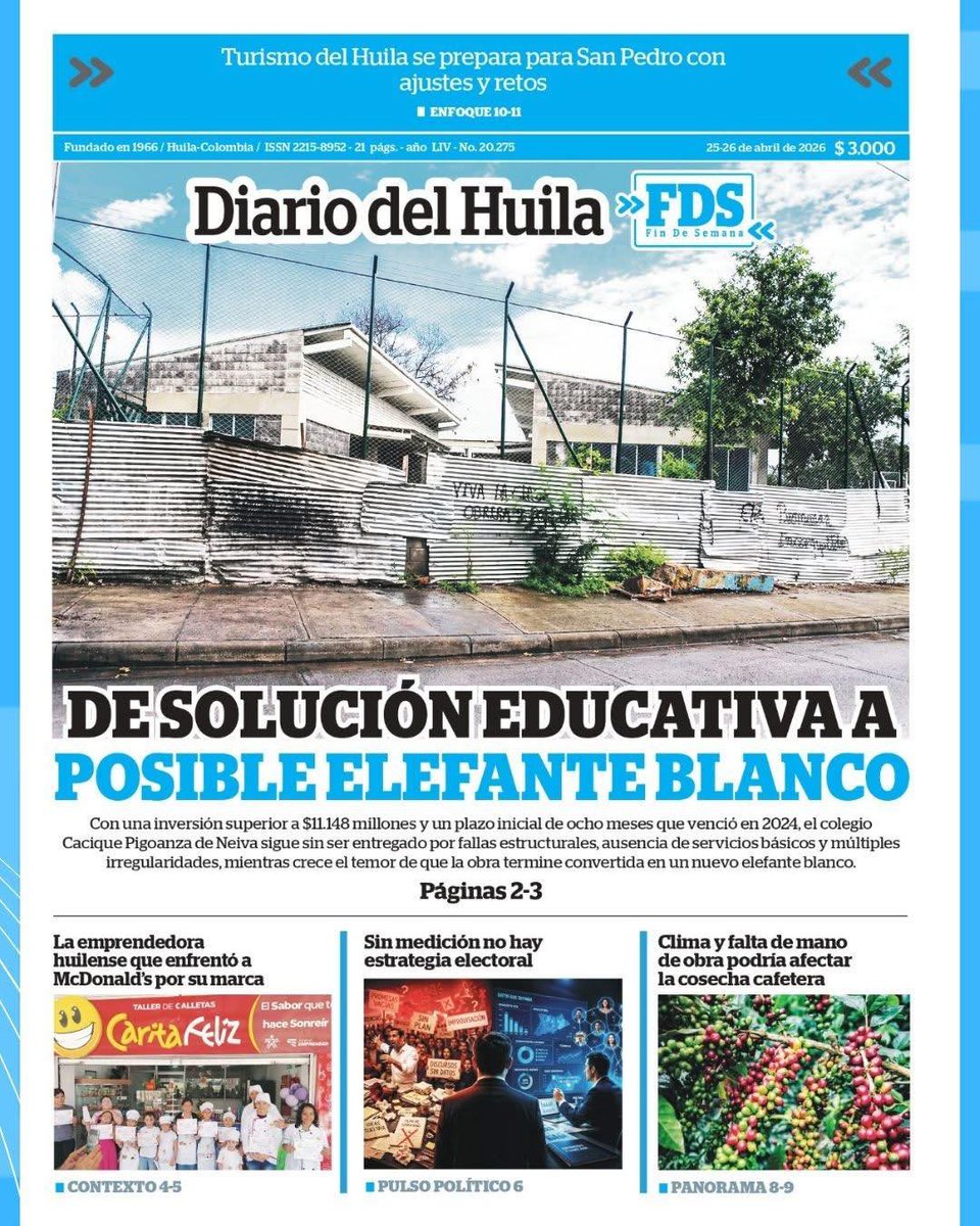 diariodelhuila's tweet image. #DH 📰✨ ¡Arranca el día bien informado con la portada y contraportada del Diario del Huila! 🌞📖

¡Buenos días, lectores! ☀️ Te compartimos la portada y la contraportada del Diario del Huila 🗞️ para este fin de semana del 25 y 26 de abril, con los temas más relevantes que marcan