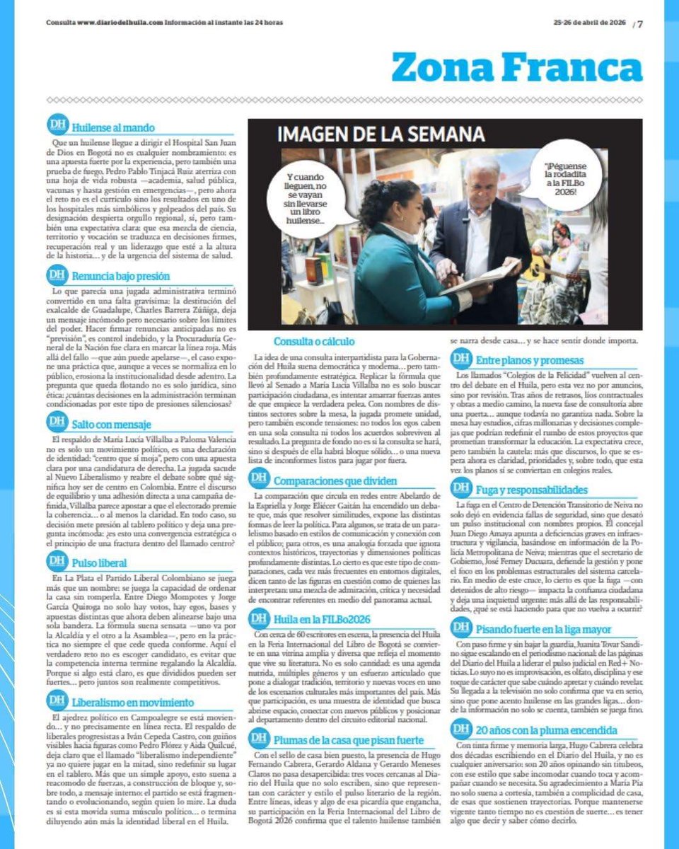 diariodelhuila's tweet image. #DH 🗞 ¡Apreciados lectores! Esta es la Zona franca del Diario del Huila, Edición fin de semana del 25 y 26 de abril de 2026.

Leer más en el enlace ⬇️
diariodelhuila.com/zona-franca-25…