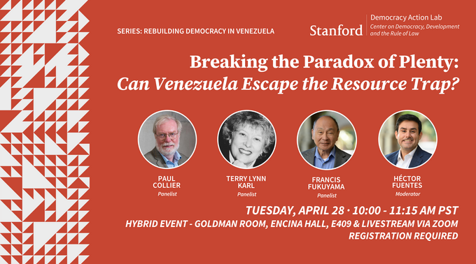 PabloHernandezB's tweet photo. ¿Puede Venezuela escapar la trampa del recurso?
A mis estudiantes de #CS1112 y a todos, los invito a este foro con Terry Lynn Karl, Francis Fukuyama y Paul Collier, moderado por Héctor Fuentes.
Link para inscribirse en el siguiente tuit👇🏽
#VenezuelaPolíticaYPetróleo🇻🇪🏛🛢 https://t.co/W1QfHv2r8O