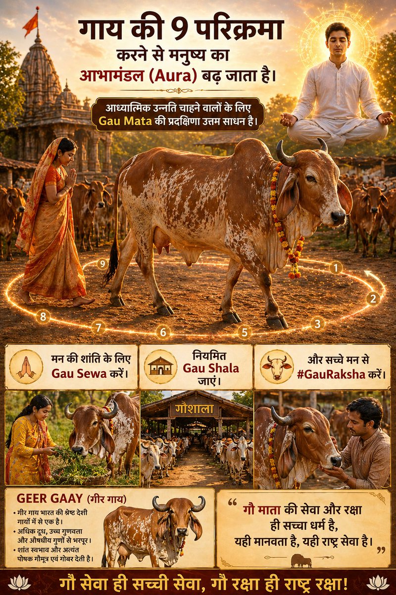 आभा विशेषज्ञ के.एम. जैन ने सिद्ध किया है कि गाय की 9 परिक्रमा करने से मनुष्य का आभामंडल (Aura) बढ़ जाता है। आध्यात्मिक उन्नति चाहने वालों के लिए Gau Mata की प्रदक्षिणा उत्तम साधन है। मन की शांति के लिए Gau Sewa करें। नियमित Gau Shala जाएं और सच्चे मन से #GauRaksha करें।