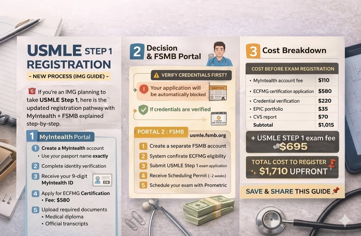 Zeeshan_Ghani24's tweet image. USMLE registration changed for IMGs.
Now 2 portals:
🔹 MyIntealth for ECFMG services
🔹 FSMB (usmle.fsmb.org) for Step registration
Complete MyIntealth first. FSMB won't proceed without ECFMG eligibility.
Fees now exceed $1,600 upfront.
Plan early.
#usmle #IMG #ECFMG