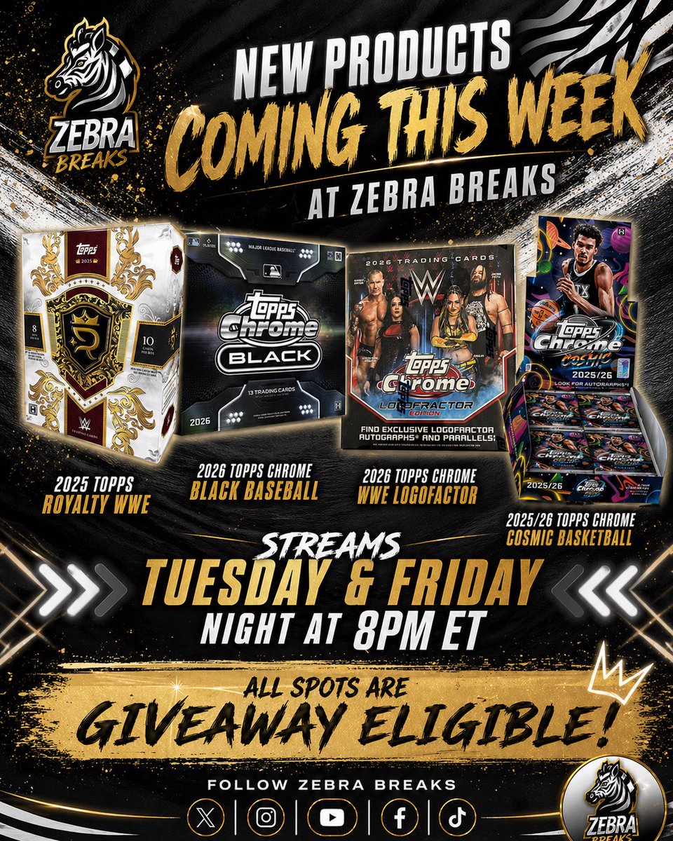 RefBrandonTolle's tweet photo. We’ve got another busy week coming up this week on the streams!!
-2025 Chrome WWE Logofractor
-2025 Topps Chrome Black Baseball
-2025/25 Cosmic Basketball
-2025 Royalty WWE (WrestleMania 41 Patch Hunting)
ALL to come this week! Spread the word, share the news. We’re building something amazing together!
https://t.co/z4Ol5XINI9 https://t.co/90L1c5IJ8S
#nba #mlb #wwe @midwestboxbreak
