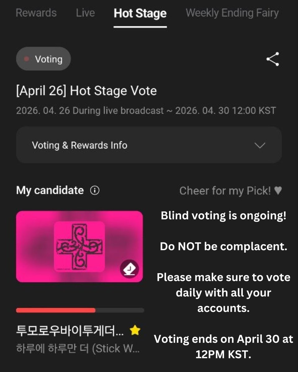 Blind voting for INKIGAYO HOT STAGE is ongoing 👀

⚠️ Do NOT be complacent
🗳 Please make sure to vote daily with all your accounts
🗓 Voting ends on April 30 at 12PM KST

#MO4TXT #MOAisONE 
#TOMORROW_X_TOGETHER