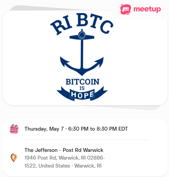 RIBitcoiners's tweet photo. May's meetup at the Jefferson in Warwick, RI. Beer, Burgers, Buds, Bitcoin...doesnt get much better than that!
Bring a friend, Bitcoin is for everyone!
#RIBTC #RIBPI #RhodeIsland #Bitcoin https://t.co/89EcpxZjvf