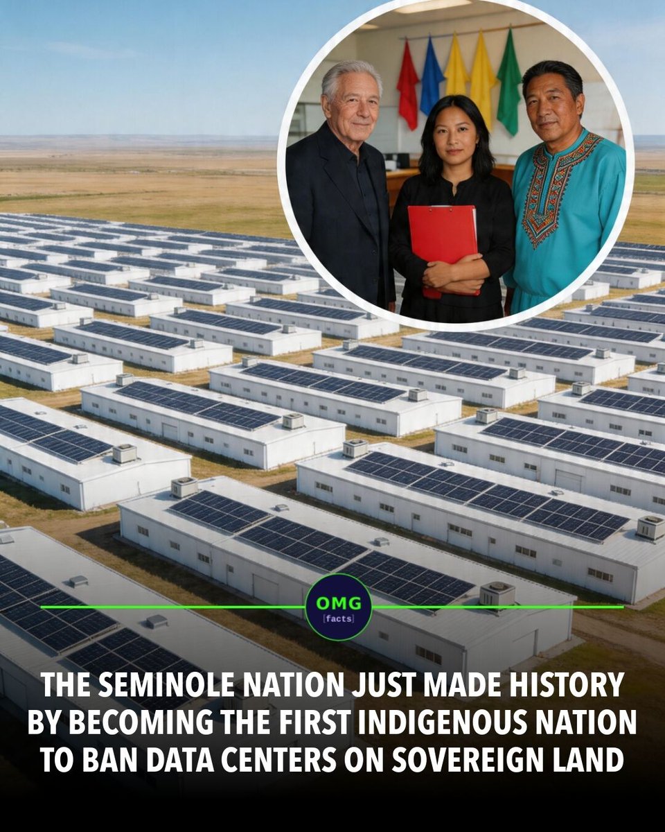 🏛️ The Seminole Nation just became the first indigenous nation to ban data centers on its land.

Their General Council passed the resolution to protect water, reduce grid strain, and preserve land for their community.

⚠️ Key concerns: ✨ Water depletion ✨ Grid overload ✨ Minim