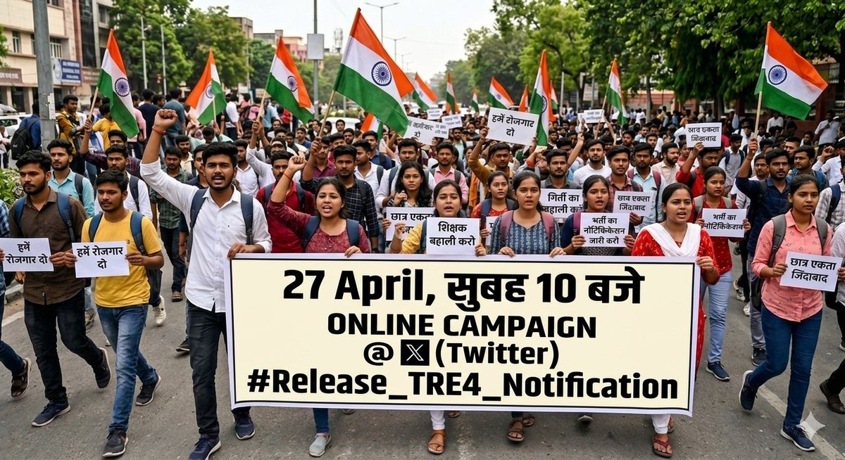 Ravi_Ranjan940's tweet photo. 📢 युवाओं की आवाज़ अब दबेगी नहीं!

27 अप्रैल, सुबह 10 बजे
X (Twitter) पर मिलकर एकजुट हों और अपनी ताकत दिखाएं 💪

⏳ अब और इंतजार नहीं…

हर अभ्यर्थी की एक ही मांग —
TRE4 का नोटिफिकेशन जल्द जारी करो!
#Release_TRE4_Notification
@DileepY51270176 @BPSCOffice 
@6537Pappag @Bhoopesh221 https://t.co/SL2MfvS16N