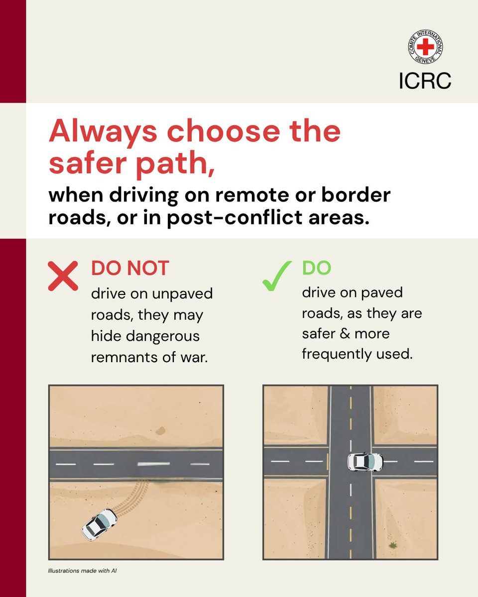 ICRC_IQ's tweet photo. Beware of explosive remnants of war❗

Always choose the safer path, when driving on remote roads, border areas, or in post-conflict areas. https://t.co/XRffg2n5va