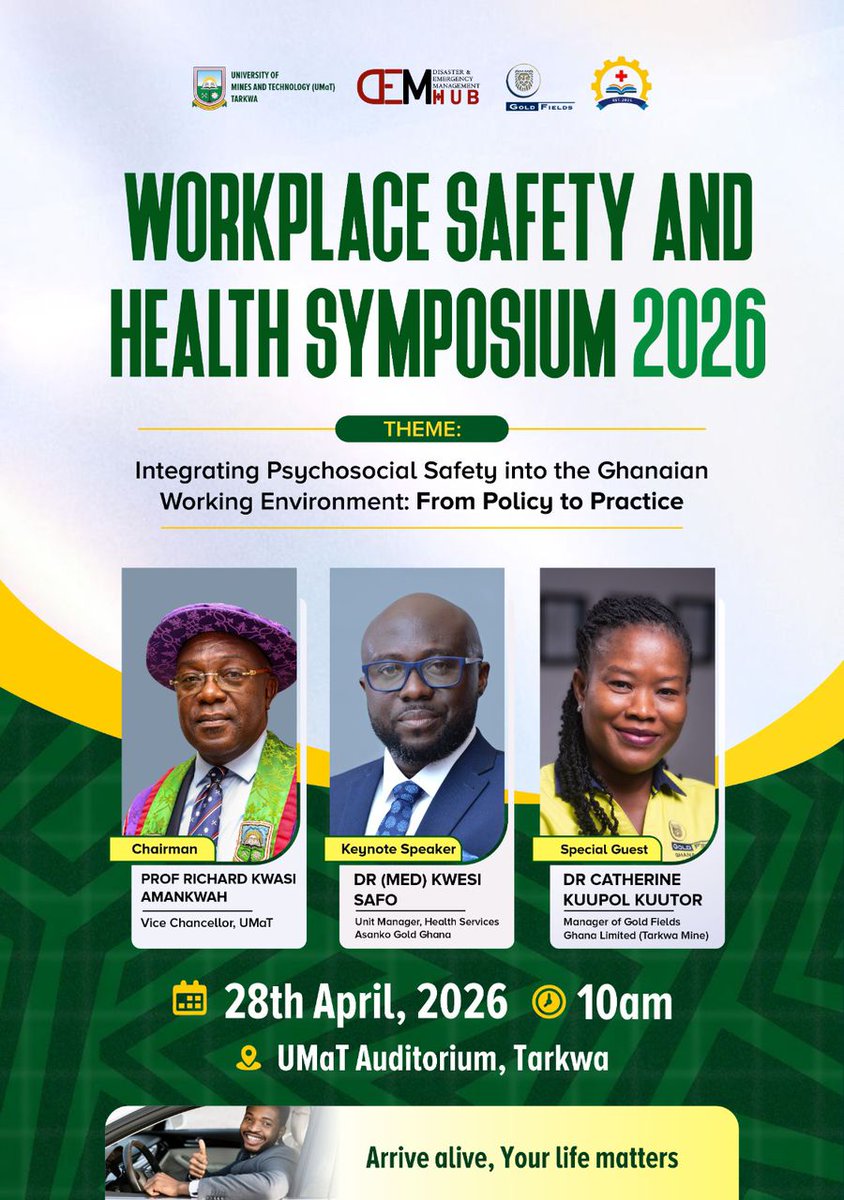 DEMHub_umat's tweet photo. Work should not just protect your body, it must protect your mind too.

This year's World Day for Safety and Health at Work Celebration, we spotlight a powerful shift: Integrating Psychosocial Safety into the Ghanaian Working Environment: From Policy to Practice

#UMaTForSafety https://t.co/1os5TOyT0s