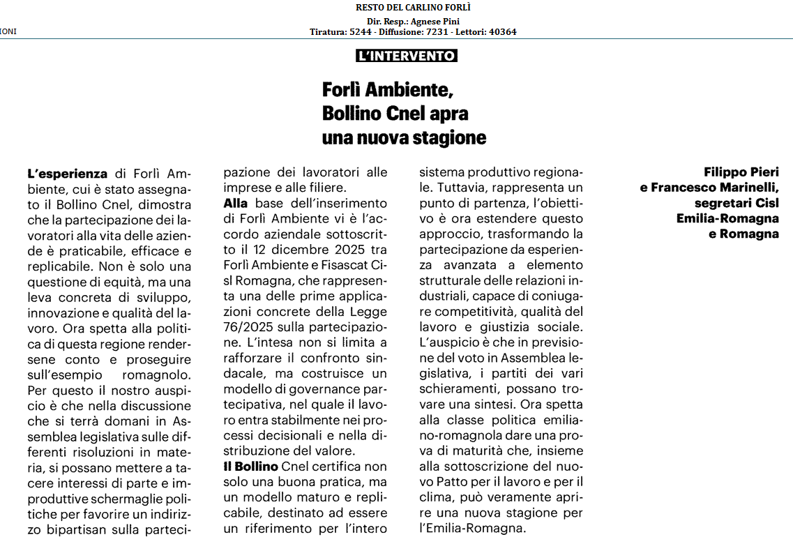 #Partecipazione dei lavoratori alla vita delle aziende: l'esperienza di Forlì Ambiente dimostra che è praticabile, efficace e replicabile. Il Bollino #Cnel alla cooperativa romagnola, oltre che al gruppo Generali e all'ASM Rieti, certifica un modello destinato ad essere un