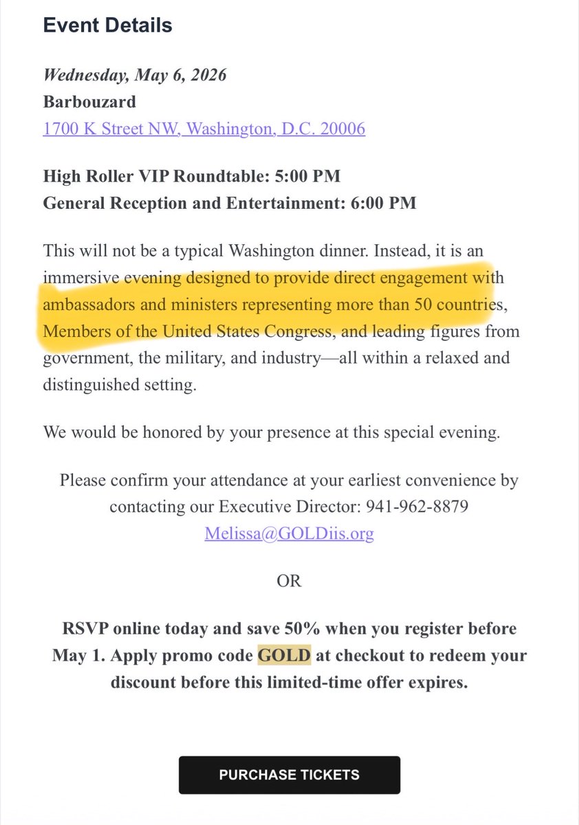 BiggerTruth's tweet photo. Here comes @GenFlynn announcing “A Night of Intrigue,” an event featuring the retired general and over 50 foreign ambassadors, to discuss the benefits of the MULTIPOLAR WORLD ORDER.

I look forward to tracking which congressmen attend the event. Will it be the same ones who gave members of the Russian Duma an unannounced and unsupervised tour of @SpeakerJohnson’s office suite on a Friday night when he wasn’t there (with @tylerbowyer’s help)?

In the Flynn network’s own words, from a marketing email promoting the event:

“As our world continues to evolve into a multipolar landscape, understanding global power dynamics and the far-reaching consequences of international conflict has never been more important.”

“We find ourselves at a pivotal moment in American history, underscoring the urgent need to create meaningful opportunities for dialogue, collaboration, and strategic partnership among nations that share common interests and values.”

“This will not be a typical Washington dinner. Instead, it is an immersive evening designed to provide direct engagement with ambassadors and ministers representing more than 50 countries, Members of the United States Congress, and leading figures from government, the military, and industry—all within a relaxed and distinguished setting.”

@DAGToddBlanche @FBIDirectorKash @AlexisWilkins @dbongino