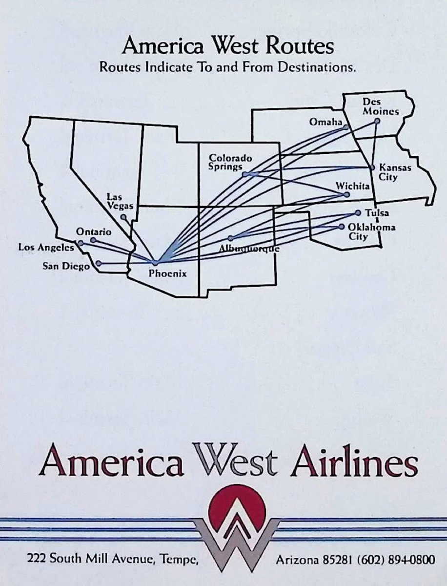 n194at's tweet image. America West Airlines (HP) December 1, 1983 route map credit Air Transport Archive #AvGeek #Cactus