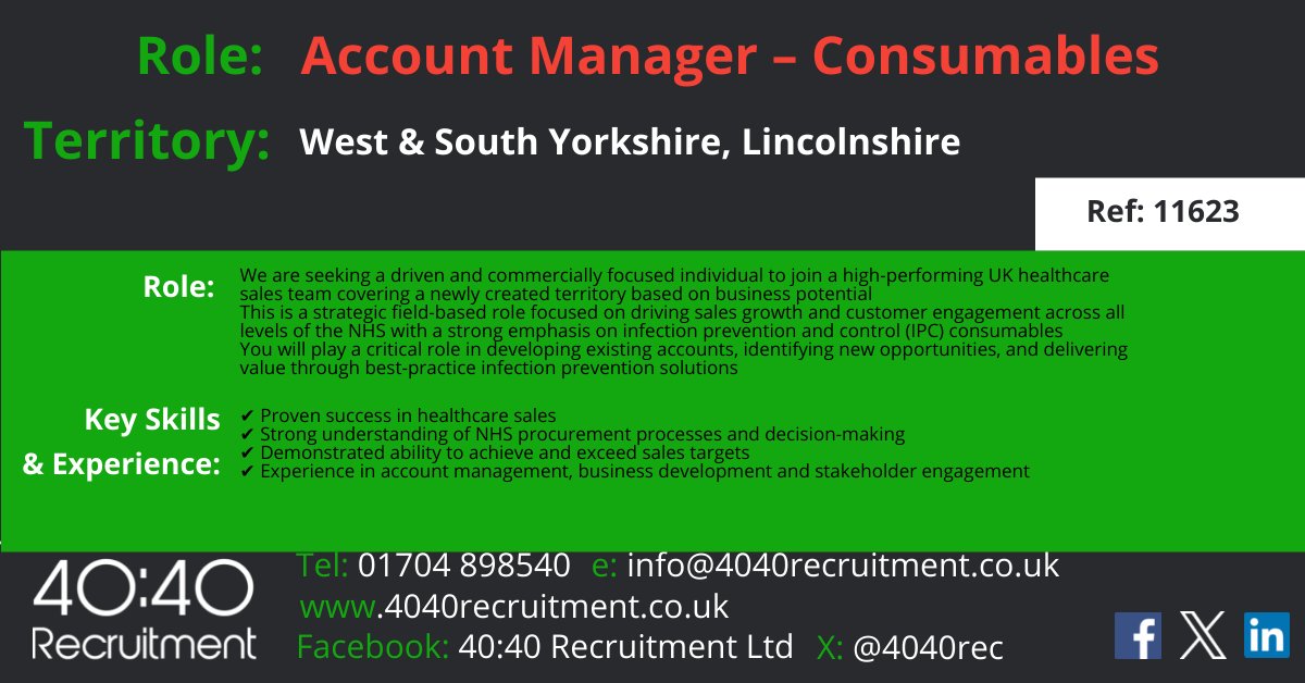 4040rec's tweet image. REF: 11623:  ACCOUNT MANAGER - HEALTHCARE - WEST &amp;amp; SOUTH YORKSHIRE / LINCOLNSHIRE Details at: zurl.co/tfQ8p #MedicalSales #InfectionPrevention #IPC #infectioncontrol #HealthcareSales #territorymanager #sales #secondarycare #ICBs #NHS #NHSpartnerships #consumablesale
