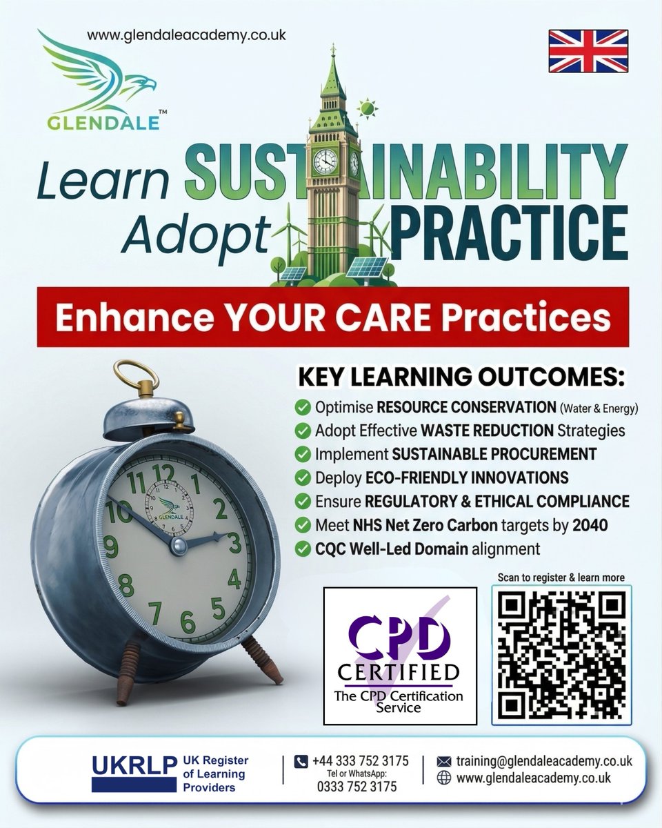 glendalelms's tweet image. 🌱 Sustainability (ESG) Training 

Learn how to reduce environmental impact in healthcare and care homes through waste reduction, energy efficiency, and sustainable practices. Support safer, greener care delivery.

📲 zurl.co/unsHn

#Sustainability #Healthcare #CPD