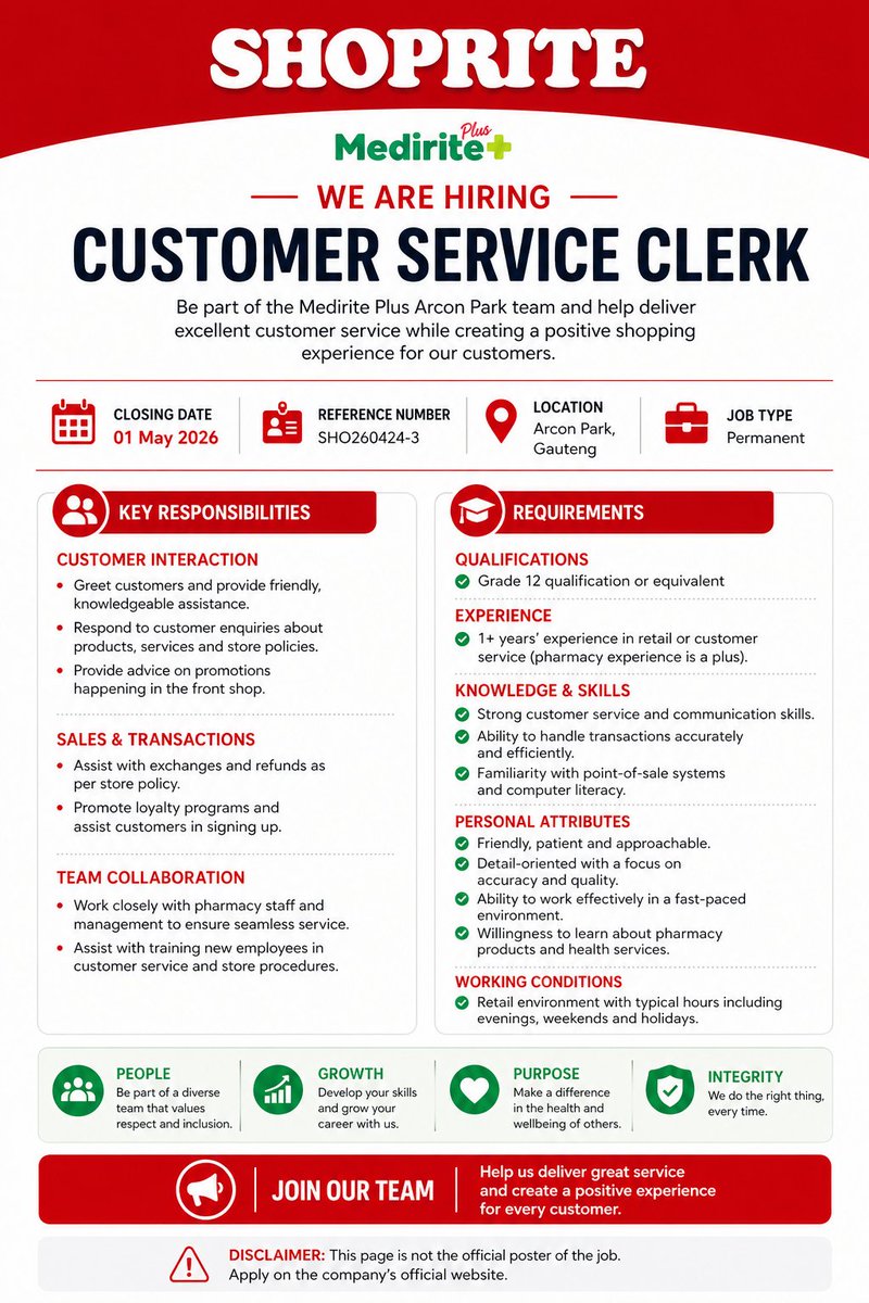 CarolBoitumelo1's tweet photo. 📌Customer Service Clerk »»»» ShopRite

Location: South Africa 

Salary is great plus bonuses 

Requirements 
Grade 12 qualification or equivalent
1 + Years previous experience in retail or customer service is preferred

Closing Date: 01 May 2026

Link to Apply: https://t.co/x29vPnMy1s