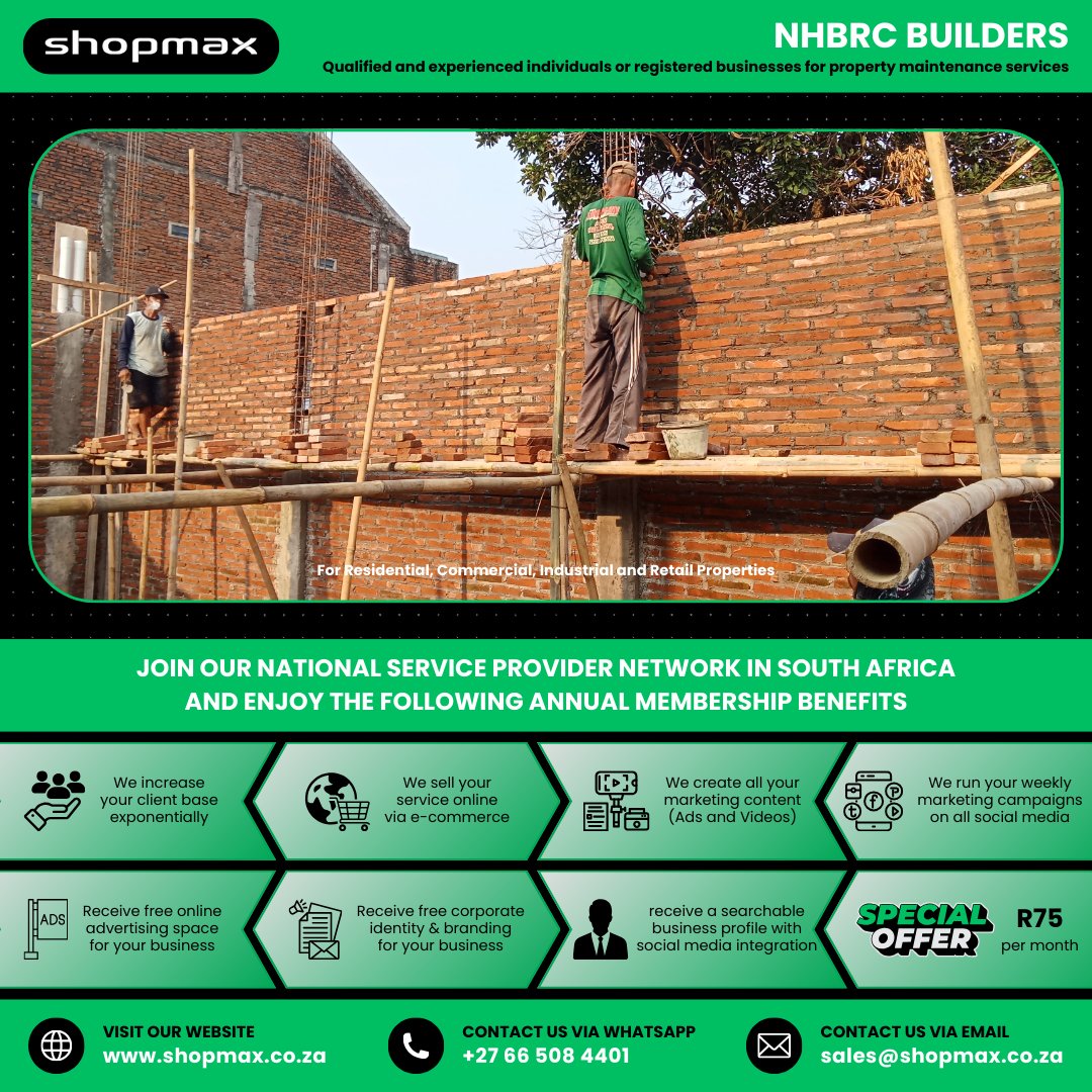 SHOPMAX6's tweet image. 🏗️ NHBRC BUILDERS (SA)
Want more projects without chasing leads?
Join Shopmax SPN:
✔ More clients
✔ Done-for-you marketing
✔ Online service sales
🔥 Limited onboarding
👉 shopmax.co.za/sell_your_prof…
#builders #construction #southafrica #Shopmax