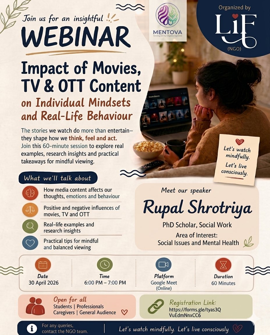 The_Mentova's tweet photo. Join me for an insightful webinar on *How movies, TV, and OTT content shape individual mindsets and real-life behaviour.* 🧠

Organized by MENTOVA (An initiative by LiF NGO )

🗓 30 April | ⏰ 6:00 PM

Kindly register to attend.

Registration Link : https://t.co/QnDf1opw93 https://t.co/KXsvbsNqWH