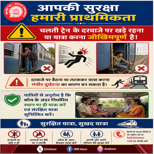 DrmJhansi's tweet image. 🚆 दरवाजे पर खड़े होना खतरे से खाली नहीं!
चलती ट्रेन के दरवाजे पर खड़े रहना, बैठना या लटककर यात्रा करना गंभीर दुर्घटना का कारण बन सकता है।
👉 अपनी सुरक्षा के लिए हमेशा कोच के अंदर निर्धारित स्थान पर ही यात्रा करें। #RailSafety #IndianRailways #SafeJourney #StaySafe