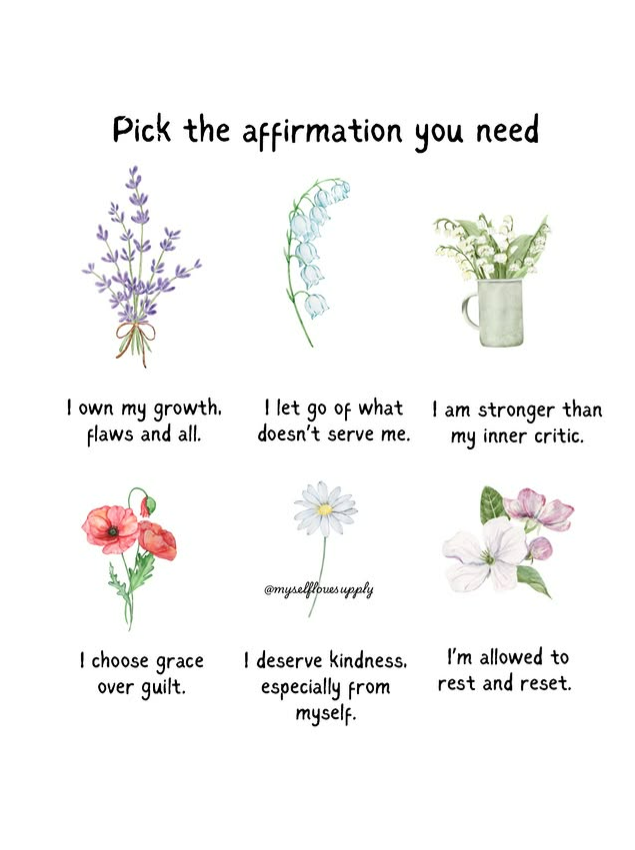 grievewell's tweet image. On today’s #SelfcareSunday, we invite you to pick the #affirmation you need. We hope you remember that #selfcare is not selfish. You can’t pour from an empty cup! Graphic credit @myselflovesupply on Instagram 🎨 #griefandloss #hopeandhealing