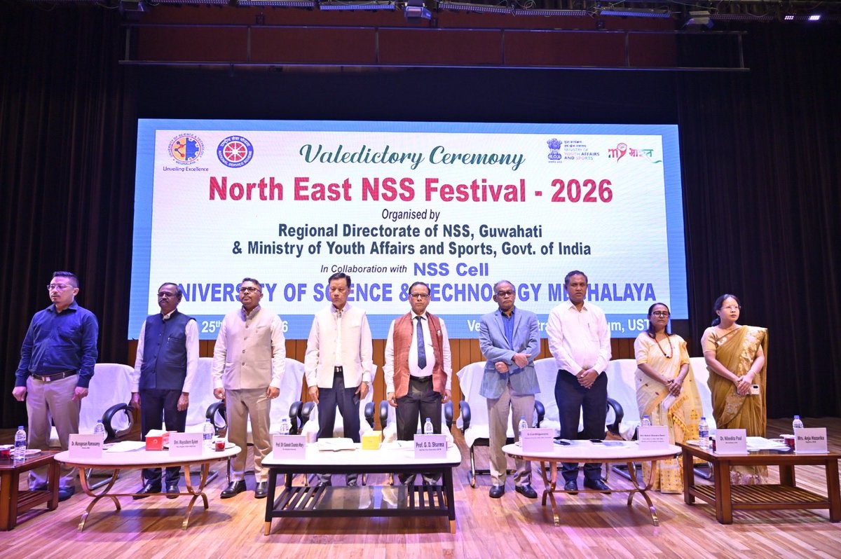nss_rdguwahati's tweet photo. Day 5 Grand Valedictory North East NSS Festival 2026 @ USTM Meghalaya 
A proud finale celebrating service, unity &amp; youth leadership. Honouring excellence as Manipur emerged Best Contingent.
Five days end, but the NSS mission continues. @_NSSIndia @YASMinistry @mansukhmandviya https://t.co/cza5ZMoFS7