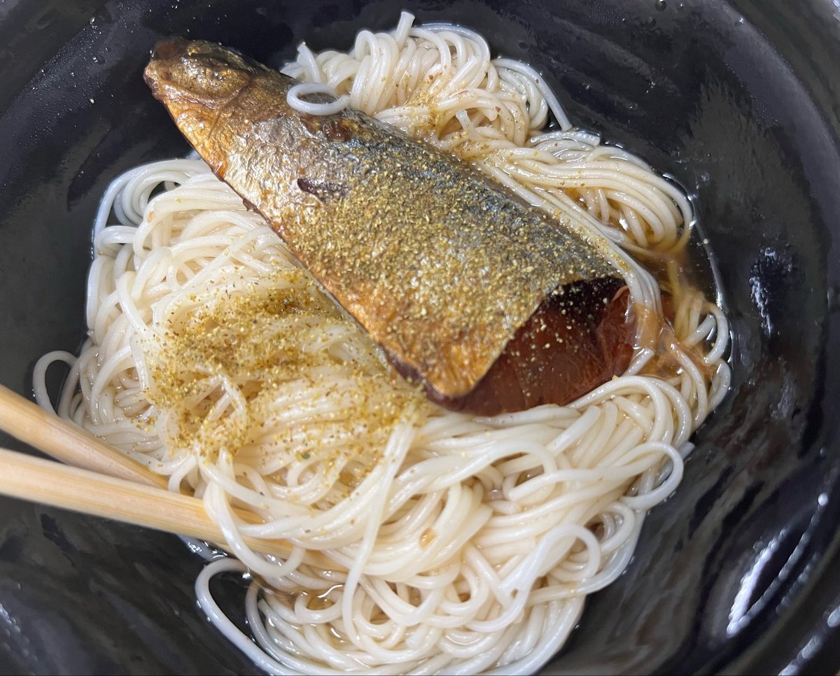 さばそうめん お昼に食べたサバそうめんが美味しすぎた。 何杯でも食べられる