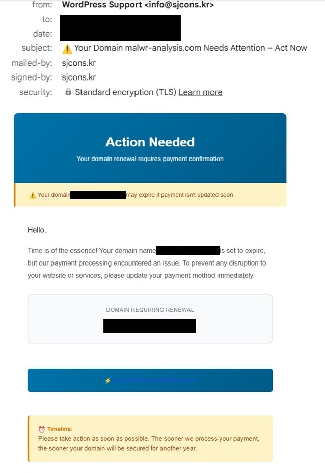 Malwarehunterr's tweet image. Fake #WordPress “domain renewal” lure

Redirect chain:

notifications[.]googleapis[.]com/email/redirect
markhamkidsclinic[.]com/o1234i678z
maxbarkod[.]com/log/login[.]php

Max Barkod hosting fake login + payment page
Creds exfil → maxbarkod[.]com/log/send_login[.]php

#Phishing