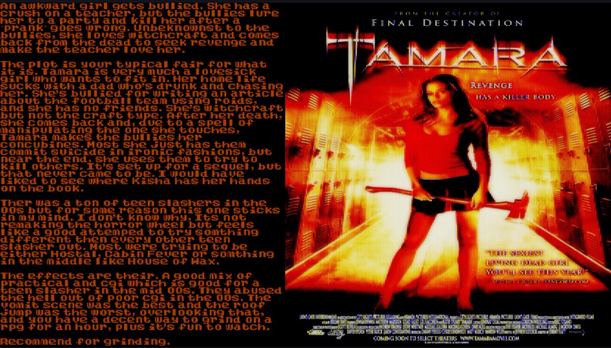 lanterns0o's tweet image. Tamara
2005
#Horror

A revenge flick with high school cruelty &amp;amp; dark magic. It struggles in pacing &amp;amp; character depth department, Most of the supporting cast feel like stereotypes. Give it a watch.

tubitv.com/movies/313913/…

#Tubi #Slasher #Supernatural