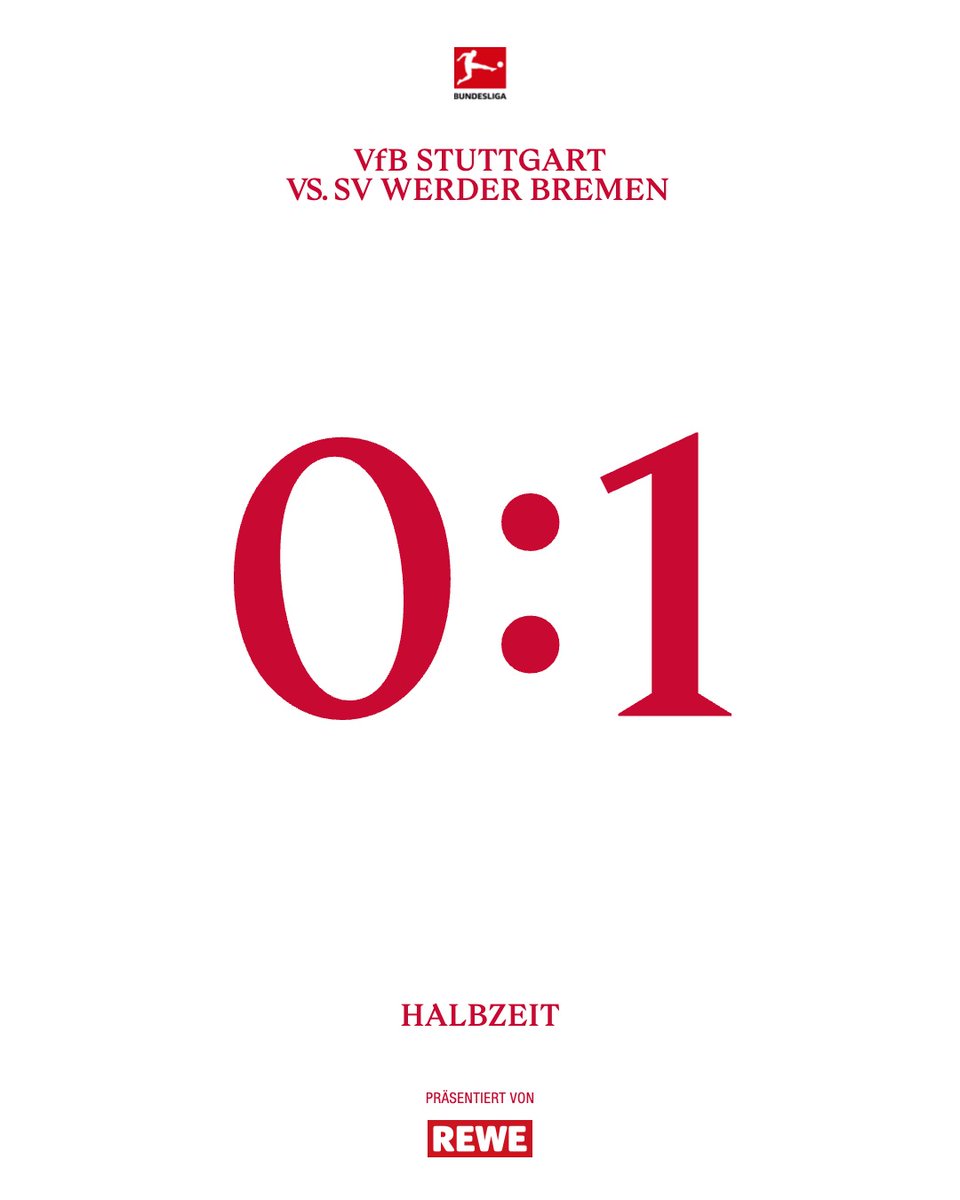 VfB's tweet image. ⏸️ Pause in Stuttgart. Der VfB kam nach dem Rückstand besser ins Spiel, verpasste es aber bislang, die entscheidende Durchschlagskraft gegen gut organisierte Bremer zu finden. Noch ist aber alles drin!

#VfB | #VfB1893 | #Bundesliga | #VfBSVW 0:1 (45.) | [Anzeige] Rewe