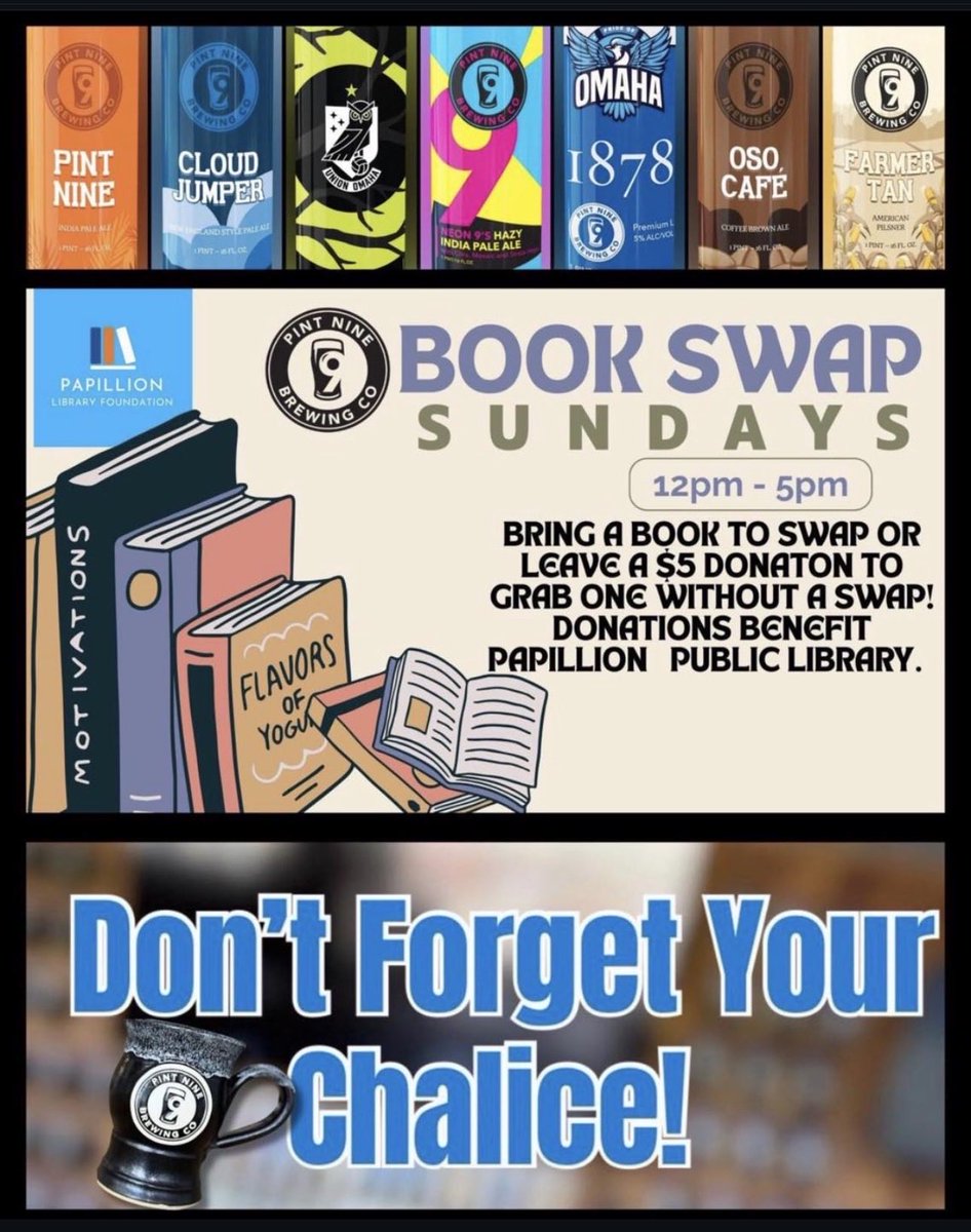 PintNine's tweet image. It’s time to come and #SundayFunday with us again! We’ve got #HappyHour from noon-2 🍻

Then Book Swap noon-5pm … don’t forget your Chalices! 

Red Barn Cafe is here from 12 - 6pm

#craftbeer #drinklocalne #pintninebrewing