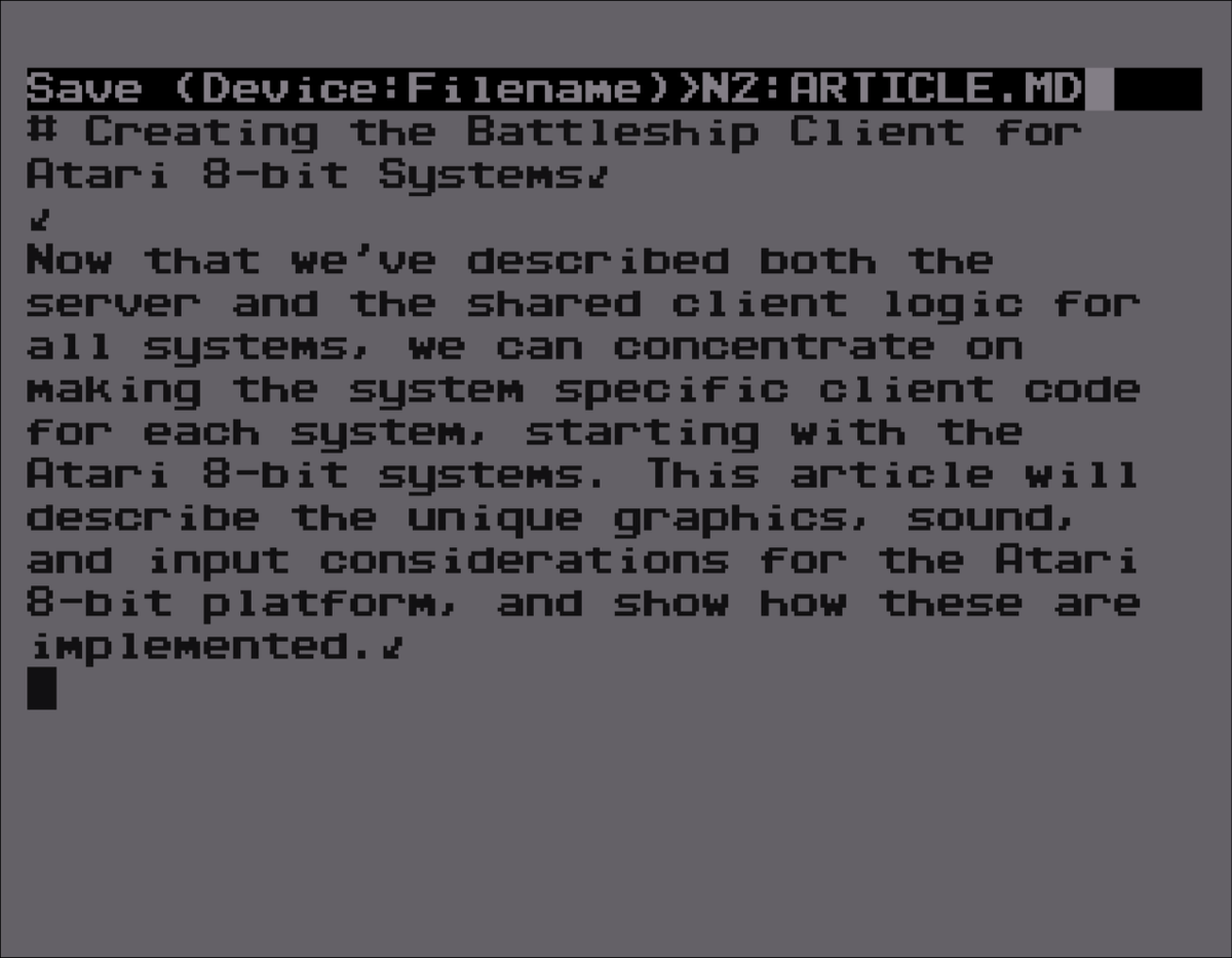 tschak's tweet image. This is how I start a new article for Compute!'s Gazette from my #Atari8bit via #FujiNet

1. Boot NOS
2. MKDIR N2:new_article
3. CD N2:new_article
4. N1:SPEED

The article is stored on my server; and my PC can also edit it.

#retrocomputing