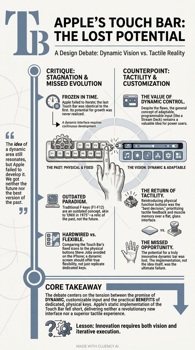 cluencyai's tweet image. .@verge's Touch Bar debate: the core issue was lack of evolution. The *idea* still resonates, but Apple didn't develop it. Made with @cluencyai

#Apple #TouchBar #TechReview